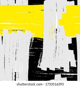 Seamless vector grunge pattern. Colored brush strokes on white background. Yellow, black, Gray swatch highlighter marker. Stock graffiti illustration for wallpaper, prints, wrapping paper, textile