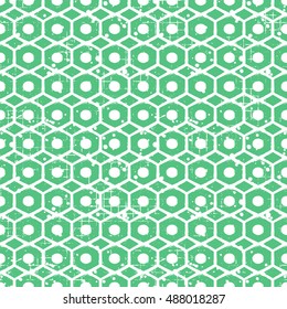 Seamless vector grunge pattern. Creative geometric green background with screw nut. Grunge texture with attrition, cracks and ambrosia. Old style vintage design. Graphic vector illustration.  
