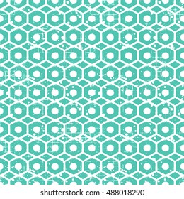 Seamless vector grunge pattern. Creative geometric blue background with screw nut. Grunge texture with attrition, cracks and ambrosia. Old style vintage design. Graphic vector illustration.  