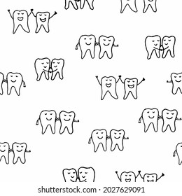 Seamless vector half drop repeat pattern with black and white happy doodle tooth pair silhouettes, holding hands and smiling. Great for dental products.