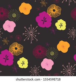 seamless vector half-drop repeat, abstract floral shapes, abstract circles in pink purple yellow and orange on a black background