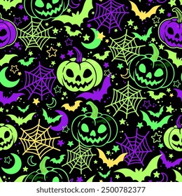 Seamless vector halloween background with pumpkins, spider webs and bats