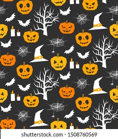 Seamless vector Halloween holiday pattern. Scary bat and pumpkins background for fabric, textile, cover, wrapping, web etc. 10 eps design.
