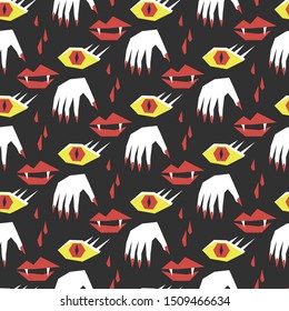 Seamless vector Halloween holiday pattern. Scary witch and vampire background with eyes, blood and lips. For fabric, textile, cover, wrapping, web etc. 10 eps design.