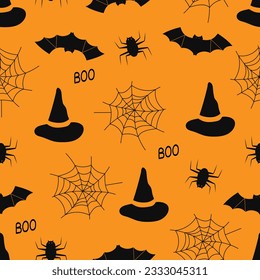 Seamless vector Halloween pattern. Autumn orange print. Hand drawn spider, bat, witch hat, spider web. Happy Halloween