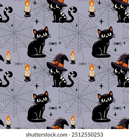 Patrón de Halloween de Vector sin fisuras con gato negro y telarañas Ilustración vectorial de fiesta de Halloween sobre fondo claro. 