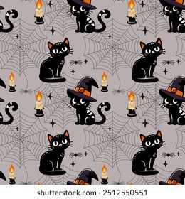 Patrón de Halloween de Vector sin fisuras con gato negro y telarañas Ilustración vectorial de fiesta de Halloween sobre fondo claro. 