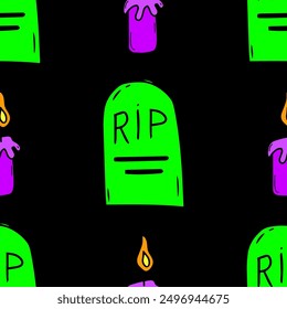 Seamless vector Halloween pattern with burning candles and rip gravestones isolated on black background