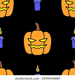 Seamless vector Halloween pattern with burning candles and pumpkins isolated on black background