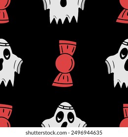 Seamless vector Halloween pattern with cartoon spooky ghosts and candys isolated on black background