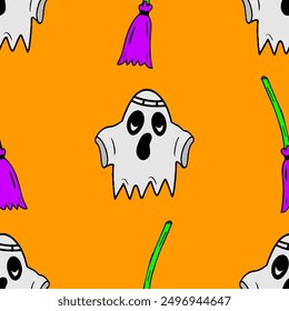 Seamless vector Halloween pattern with cartoon spooky ghosts and witch brooms isolated on orange background