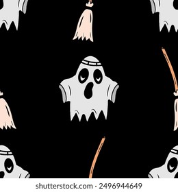 Seamless vector Halloween pattern with cartoon spooky ghosts and witch brooms isolated on black background