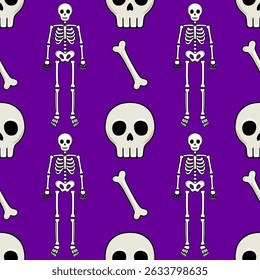 Seamless vector Halloween pattern with cartoon skeletons, skulls, and bones on a vibrant purple background, ideal for festive designs and spooky themed projects.