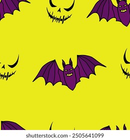 Seamless vector Halloween pattern with colorful bats. Simple doodle style
