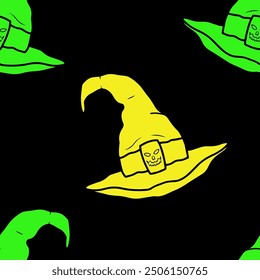 Seamless vector Halloween pattern with colorful with hats. Simple doodle style