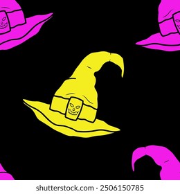 Patrón de Halloween de Vector sin costuras con sombreros coloridos. Estilo de doodle simple