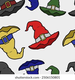 Seamless vector Halloween pattern with colorful with hats. Simple doodle style