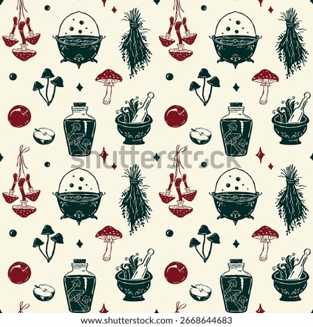 Seamless vector Halloween pattern with colorful potions, fly agaric mushrooms, poison apple, cauldron, and herbs. Bright hand drawn illustration for wrapping paper, fabric, invitations 