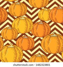Seamless vector Halloween pattern with cute pumpkins on geometric ornament