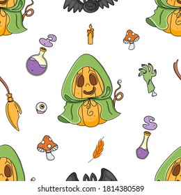 Seamless vector Halloween pattern with cute hand drawn Pumpkin Witch in green cloak, broom, potions, bat. Graphic texture for your design, paper, invitations, decor, card, poster, print, advertising.
