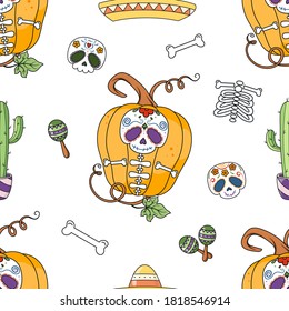 Seamless vector Halloween pattern with cute hand drawn Pumpkin Dia de los Muertos, bones, skull, sombrero, cactus. Digital texture for your design, paper, invitations, decor, card, poster, print, web.