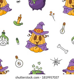 Seamless vector Halloween pattern with cute hand drawn Pumpkin Witch, purple hat, cloak, skull, cauldron pot, potions. Digital texture for your design, paper, invitations, decor, card, poster, print.