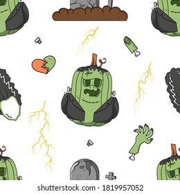 Patrón de Halloween vectorial sin foco con la tierna criatura Frankenstein dibujada a mano, novia, dedo, tumba. Textura digital para su diseño, papel, invitaciones, decoración, tarjeta, cartel, impresión, publicidad