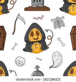 Seamless vector Halloween pattern with cute hand drawn Pumpkin Reaper, scythe, bones, ghost, grave. Digital texture for your design, paper, invitations, decor, card, poster, print, advertising, web.