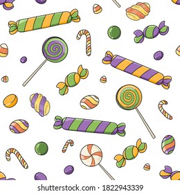 Seamless vector Halloween pattern with cute hand drawn colorful treats. Fun candy background for your design, poster, package, wrapping paper, gift, fabric, wallpaper, textile, banner, advertising.