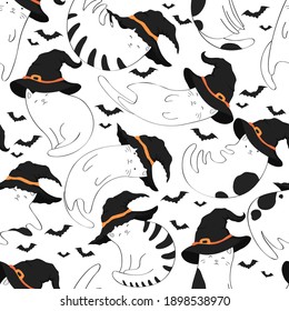 Seamless vector halloween pattern with cute cats in witch hats and bats isolated on white background. Illustration for textile, print, card, invitation, wallpaper, fabric, home decor