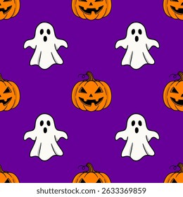 Seamless vector Halloween pattern with cute cartoon pumpkins and friendly ghosts on a vibrant purple background, perfect for festive designs and decorations.