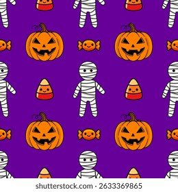 Seamless vector Halloween pattern with cute cartoon pumpkins, mummies, and candy corn on a vibrant purple background, perfect for festive designs and celebrations.