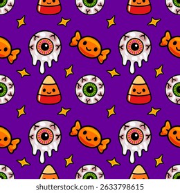 Seamless vector Halloween pattern with cute melting eyeballs, candy corn, and lollipops on a vibrant purple background, perfect for festive designs.