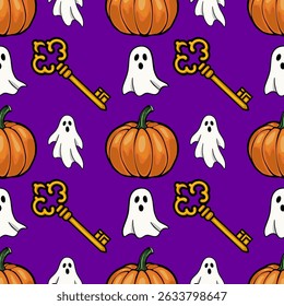 Seamless vector Halloween pattern with cute ghosts, pumpkins, and ornate golden keys on a vibrant purple background, ideal for festive designs.