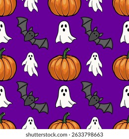 Seamless vector Halloween pattern with cute cartoon pumpkins, ghosts, and bats on a vibrant purple background, perfect for festive designs and spooky celebrations.