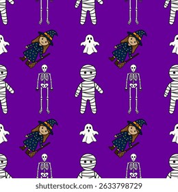 Seamless vector Halloween pattern with cute cartoon mummies, skeletons, witches, and ghosts on a vibrant purple background, perfect for festive designs and spooky celebrations.