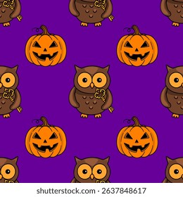 Seamless vector Halloween pattern with cute brown owls holding golden keys and carved smiling pumpkins on a purple background.