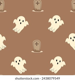 Seamless vector Halloween pattern design. Fashionable pattern with cute ghosts for wrapping paper, ceramics, wallpaper, stickers, notebook cover.