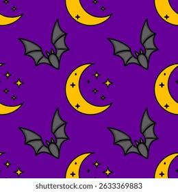 Seamless vector Halloween pattern featuring cute cartoon bats and a crescent moon on a vibrant purple background, perfect for spooky autumn designs.