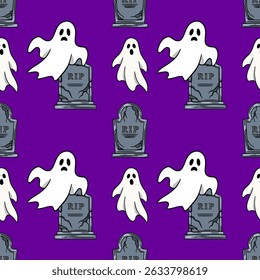 Seamless vector Halloween pattern featuring playful cartoon ghosts and cracked gravestones on a vibrant purple background, ideal for spooky festive designs.