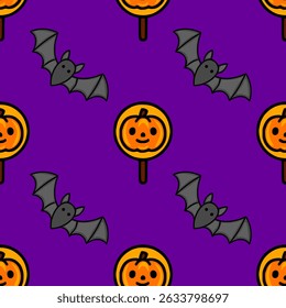 Seamless vector Halloween pattern featuring cute cartoon bats and pumpkin lollipops on a vibrant purple background, ideal for festive designs.