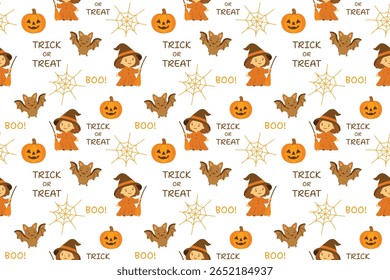 Padrão de vetor de Halloween sem costura com uma bruxa bonita, morcego, abóbora, teia de aranha e textos festivos "Truque ou trate", "Feliz Halloween" e "Boo" Fundo transparente isolado