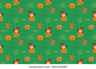 Padrão de vetor de Halloween sem costura com uma bruxa bonita, morcego, abóbora, teia de aranha e textos festivos "Truque ou trate", "Feliz Halloween" e "Boo" Fundo verde isolado