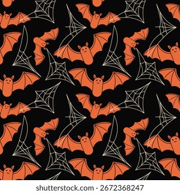 Seamless vector Halloween pattern featuring cute orange bats flying among spider webs on a black background. Perfect for party decorations, textile prints, wallpapers, and seasonal designs.