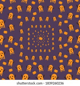 Seamless vector of halloween pattern with ghosts and pumpkins. Halloween concept. On purple background.