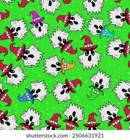Seamless vector Halloween pattern with ghosts and colorful witch hats. Simple doodle style