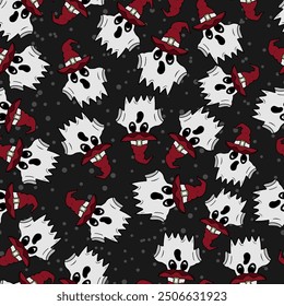 Seamless vector Halloween pattern with ghosts and colorful witch hats. Simple doodle style