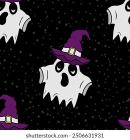 Seamless vector Halloween pattern with ghosts and colorful witch hats. Simple doodle style