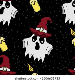 Seamless vector Halloween pattern with ghosts, colorful witch hats and burning candles. Simple doodle style