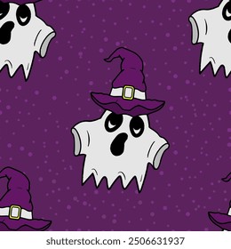Seamless vector Halloween pattern with ghosts and colorful witch hats. Simple doodle style